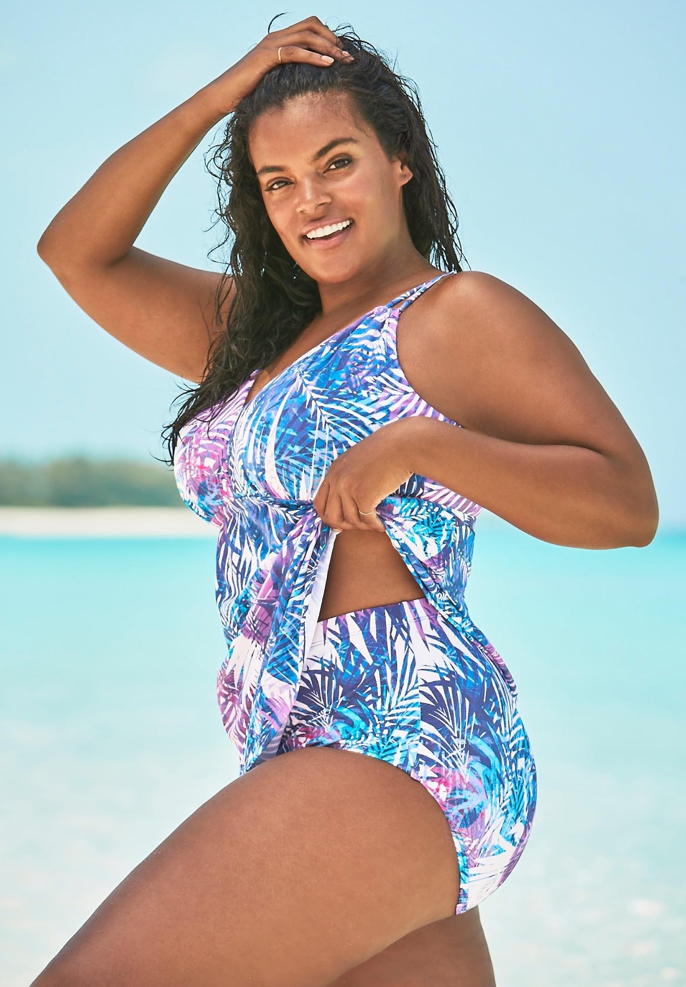 Swimsuits For All Swim 365 Women's Plus Size Loop-Strap V-Neck Tummy Control Two-Piece Swim Dress - Image 2