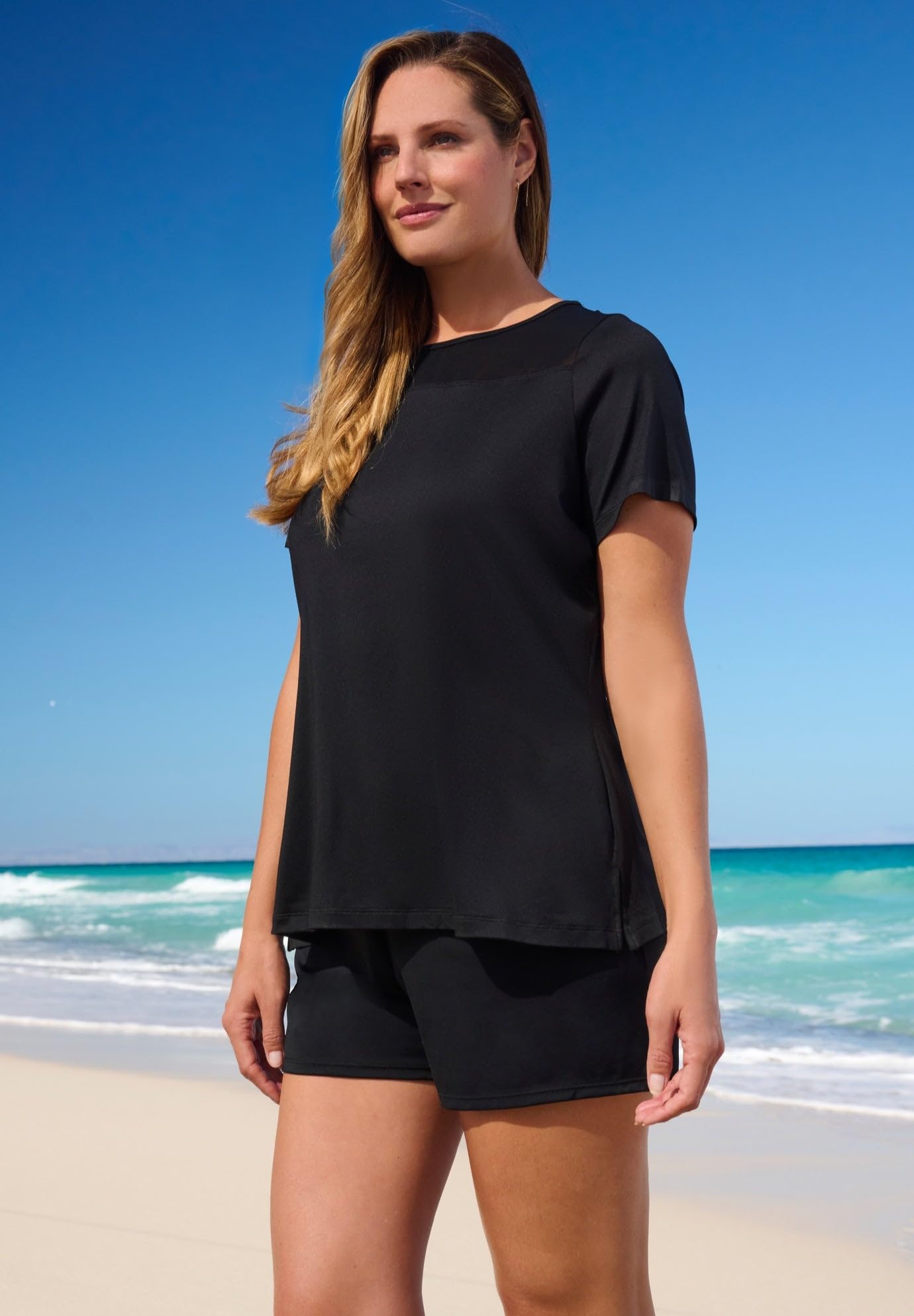 Swimsuits For All Swim 365 Women's Plus Size Mesh Yoke Swim Tee - Image 3