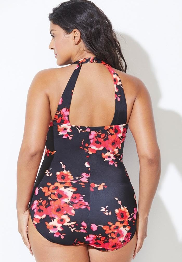Swimsuits For All Women's Chlorine Resistant H-Back Sarong Front One Piece Swimsuit (Plus - Image 2
