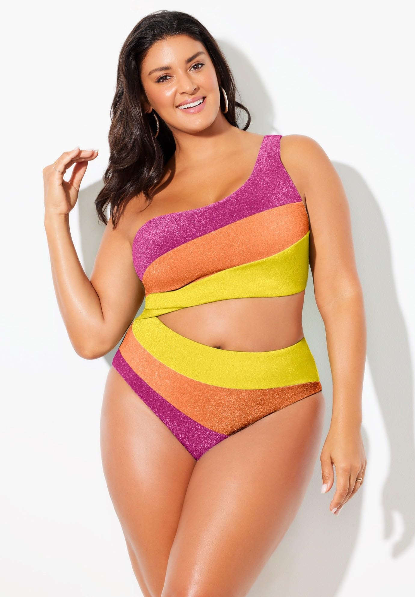 Swimsuits For All Women's One Shoulder Color Block Cutout One Piece Swimsuit (Plus - Image 2