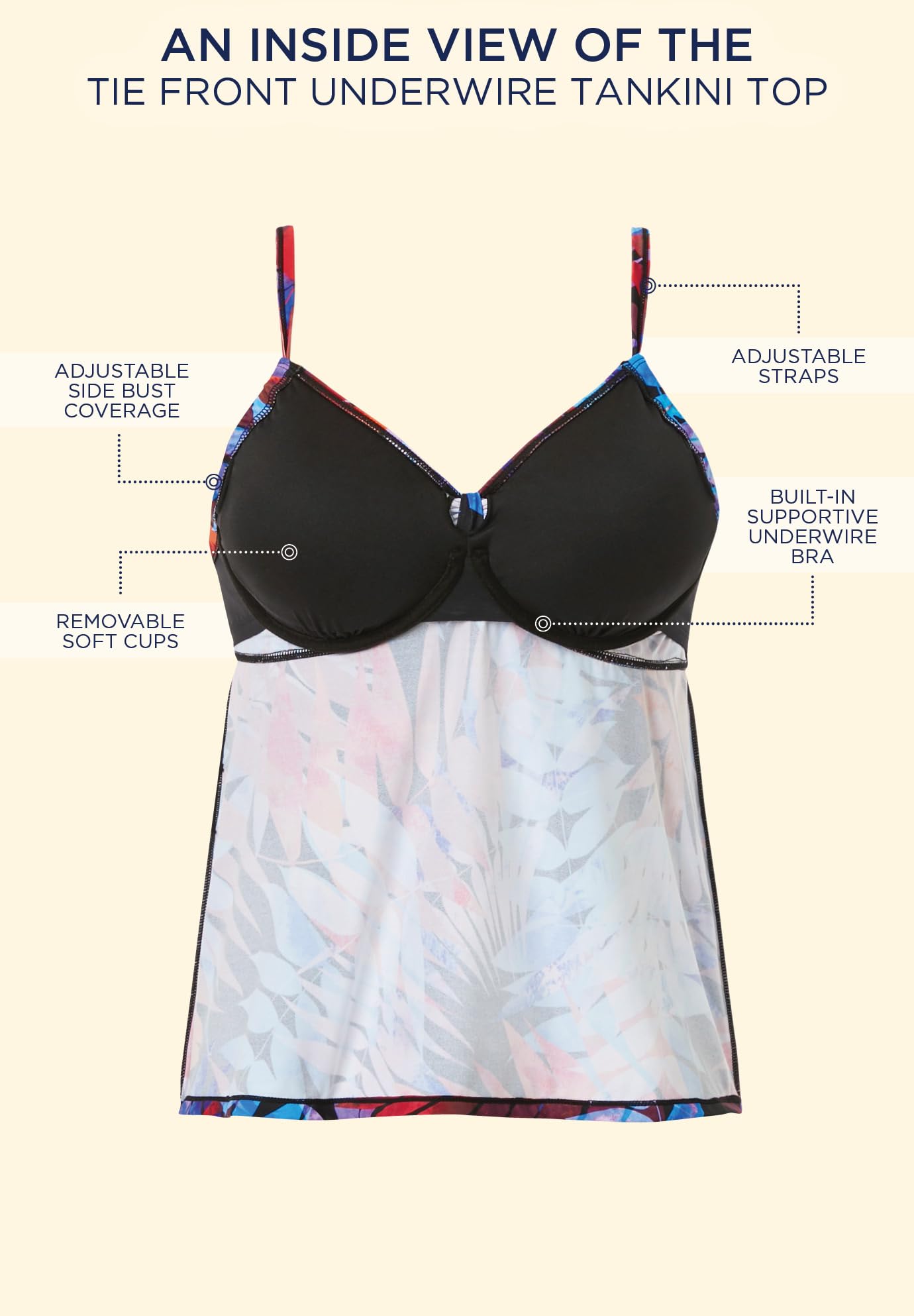 Swimsuits For All Women's Plus Size Adjustable Relaxed Fit Tie Front Underwire Tankini Top - Image 4