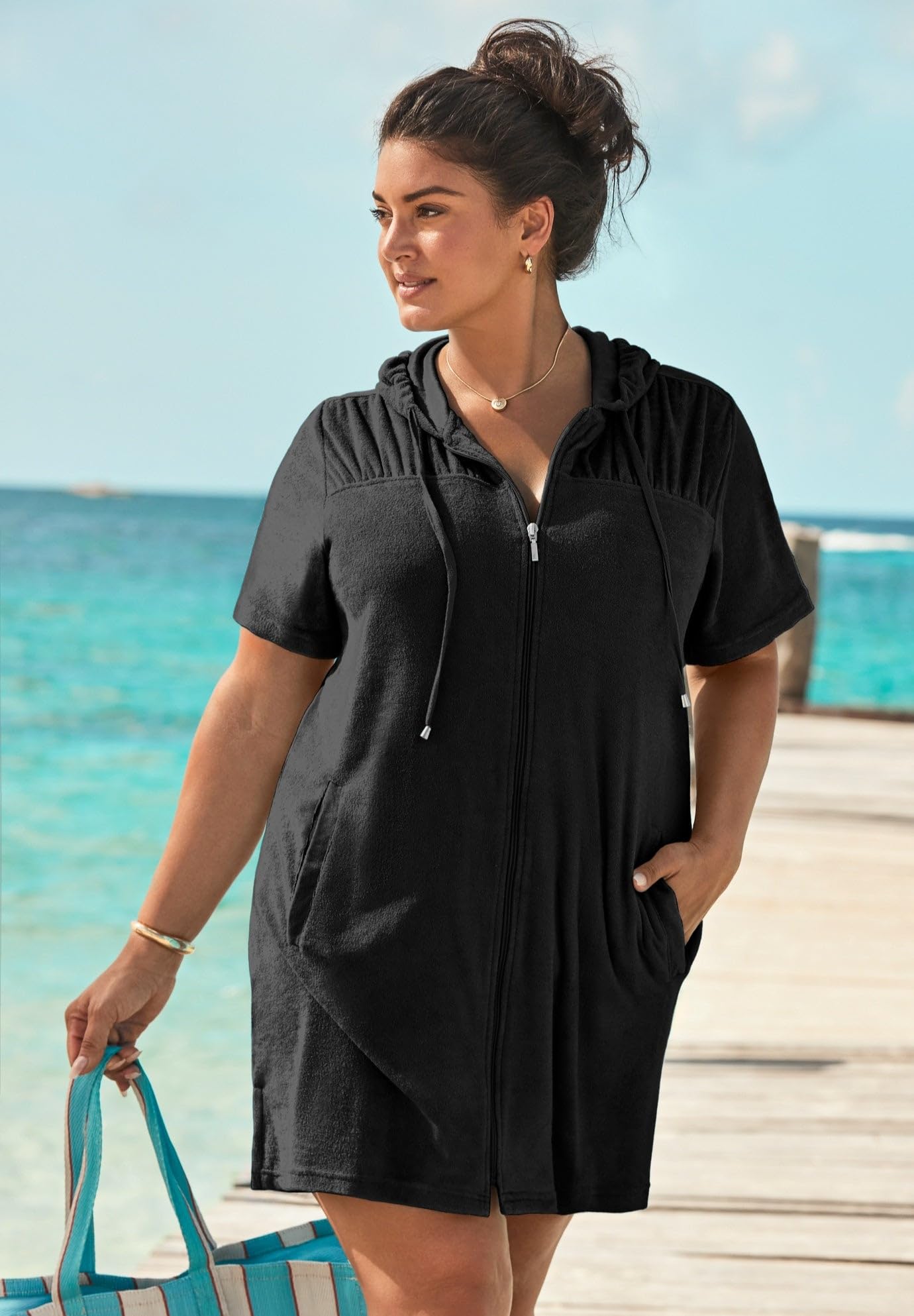 Swimsuits For All Women's Plus Size Short Sleeve Sport Alana Terry Cloth Cover Up Hoodie - Image 3