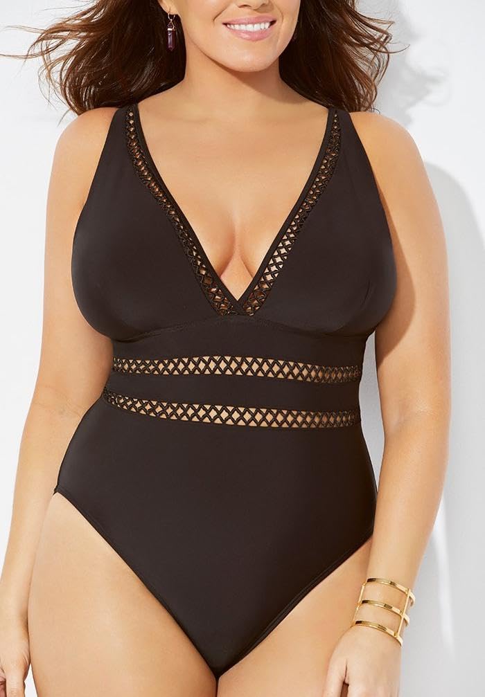 Swimsuits For All Women's Plus Size Tummy Control V Neck Lattice Plunge One Piece Swimsuit with Adjustable Straps - Image 4