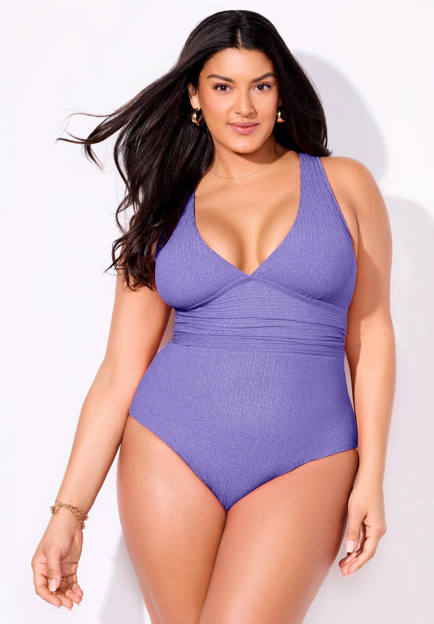 Swimsuits For All Women's Sparkle Ribbed V-Neck One Piece Swimsuit (Plus - Image 4